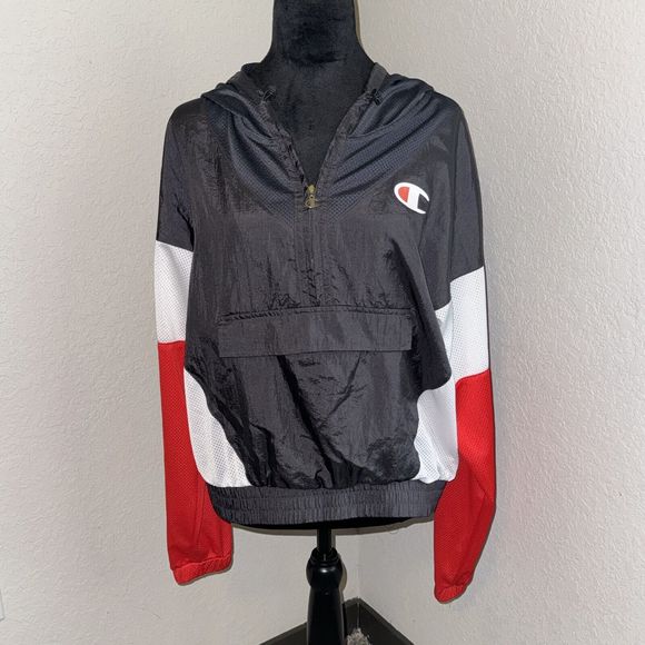 Champion Windbreaker Track Jacket Women's Large Red Black Kangaroo Pocket Hooded - Picture 1 of 10